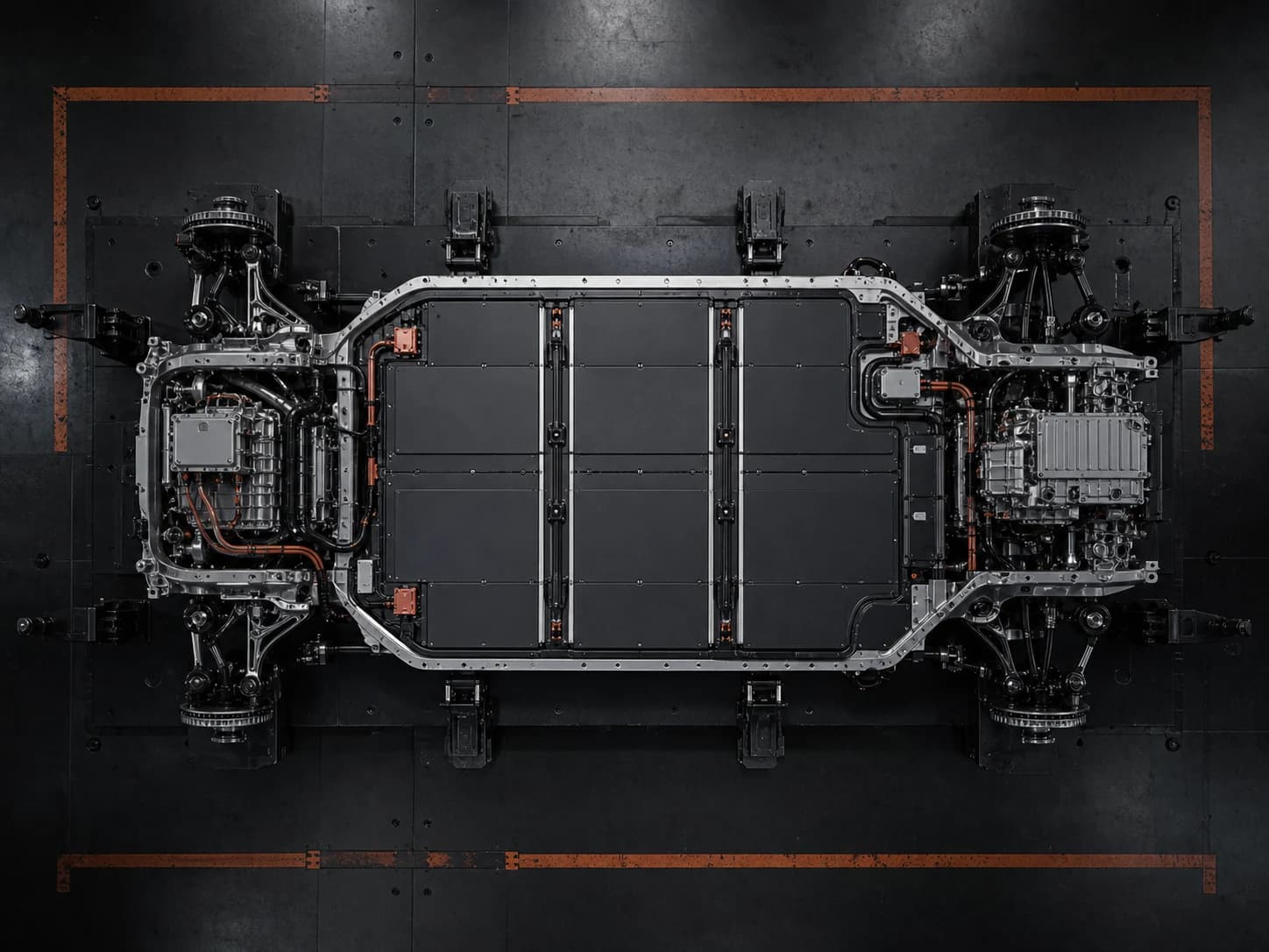 A VLX-800 structural battery pack and drive units viewed from above on the assembly floor