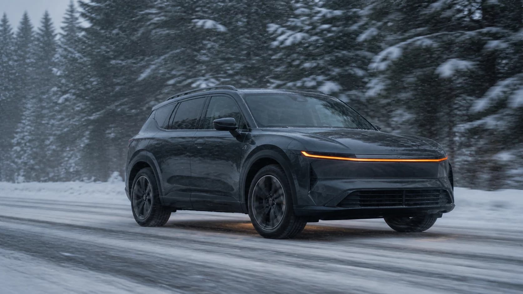 A Veltrix Korrin on a snow-covered road with its battery preconditioning active