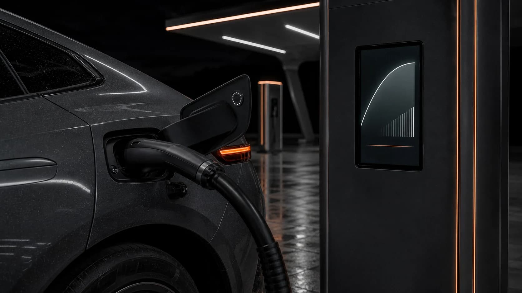 A charging cable connected to a Veltrix vehicle, with the charge rate visible on the display