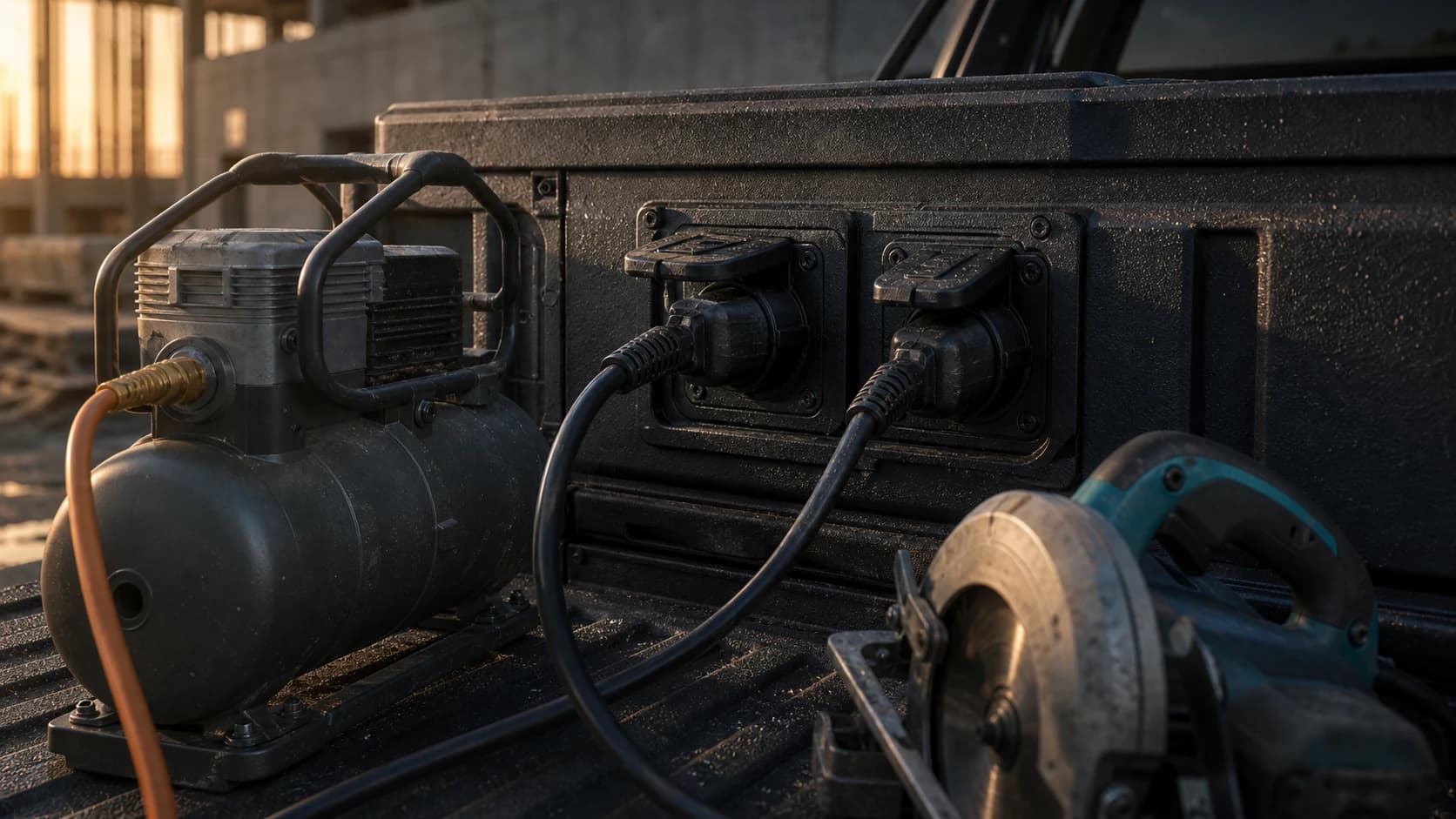 Close view of the Ridge bed rail with two 110-volt outlets in use