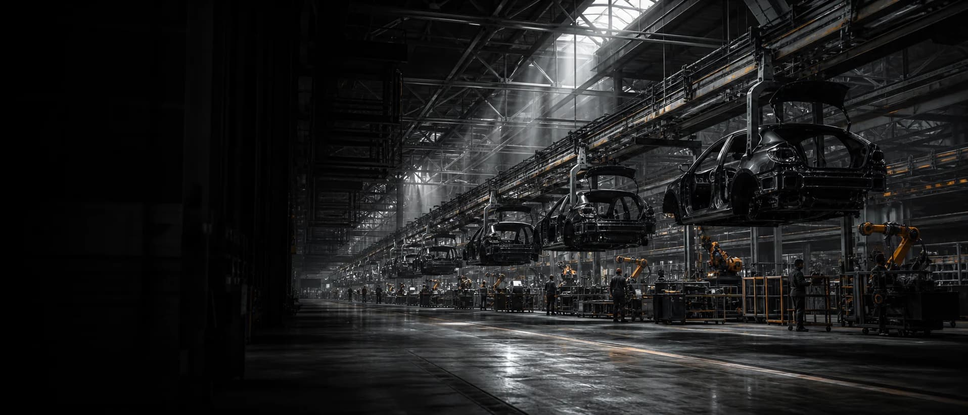 The Calder Works assembly hall in Detroit, with vehicle bodies suspended on the overhead line