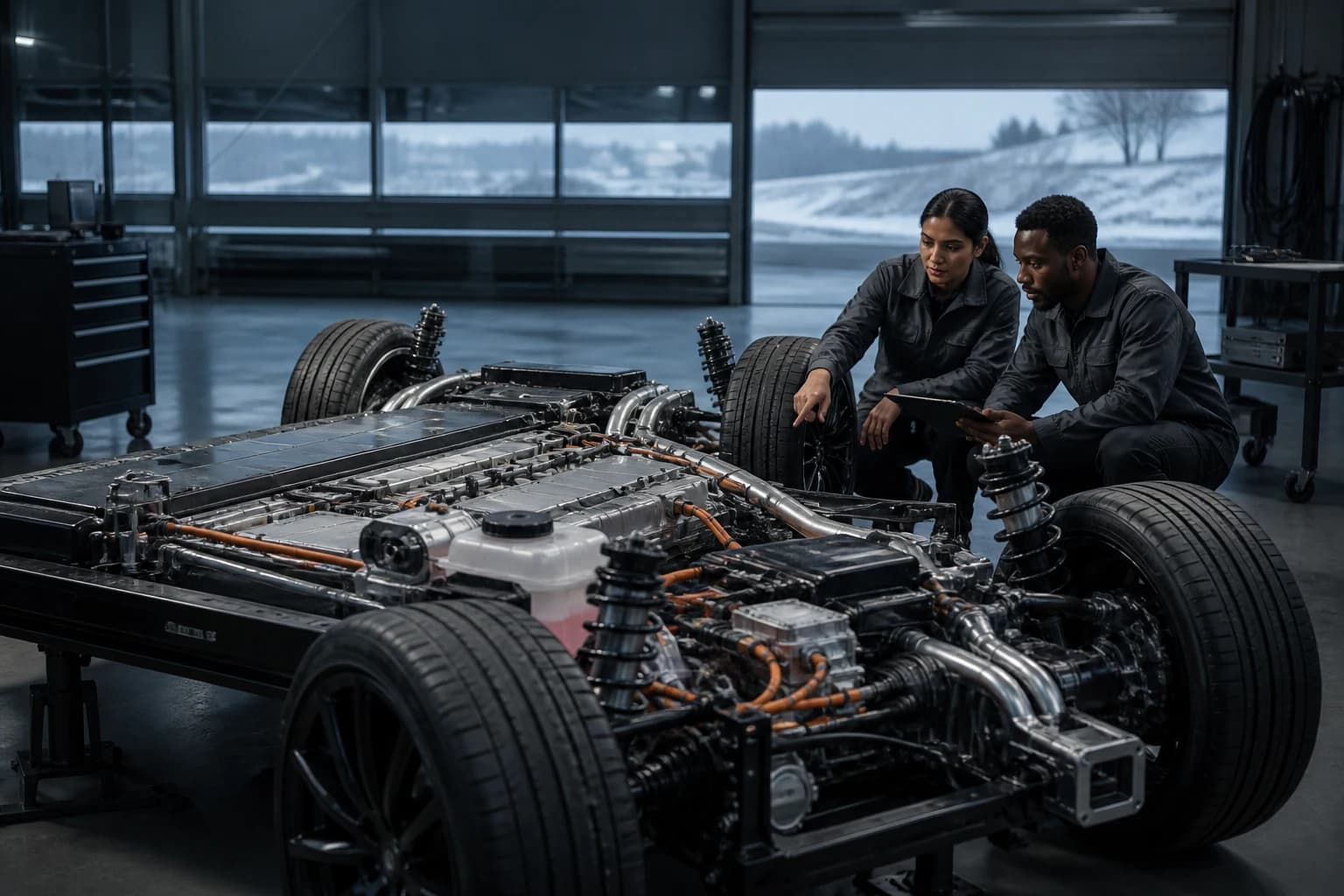Two Veltrix engineers reviewing a chassis on the validation floor at Meridian Proving Ground