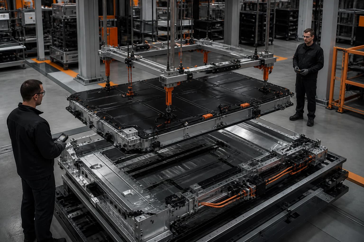 A battery pack being lowered onto a vehicle floor at Basin Works in Sparks, Nevada