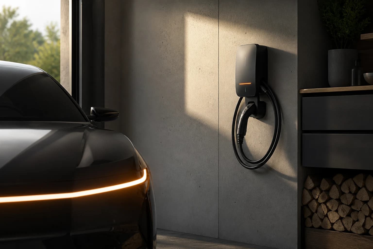 The Veltrix Home Charger mounted on a garage wall with its cable coiled