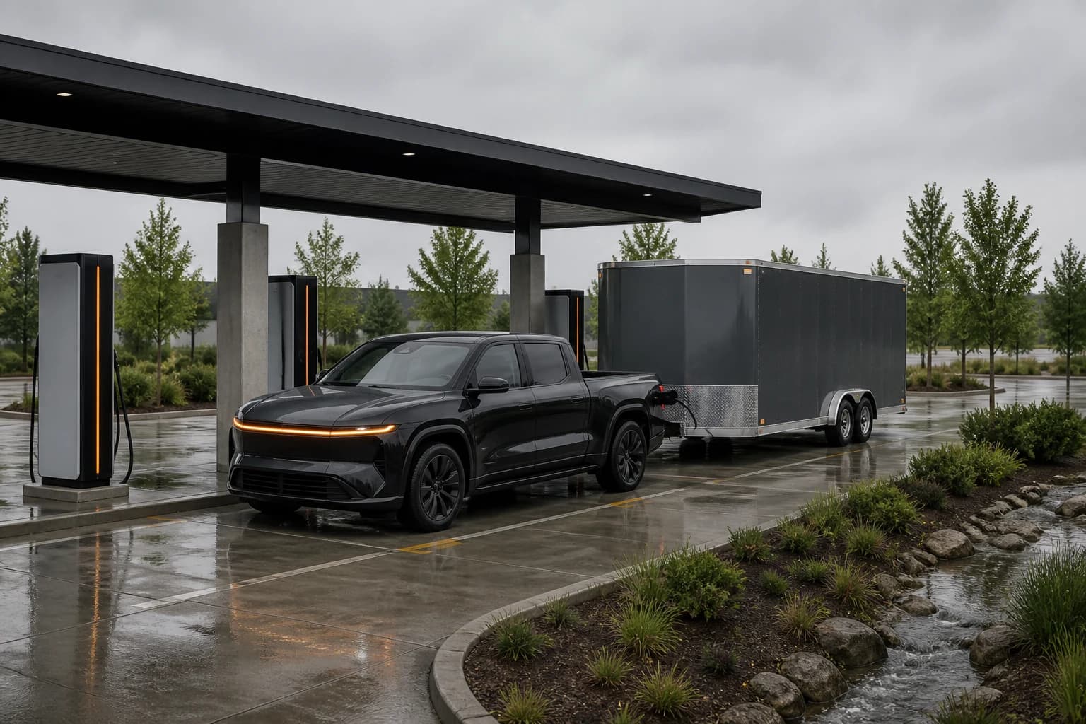 Pull-through charging bays at a Veltrix Current site, sized for a pickup towing a trailer