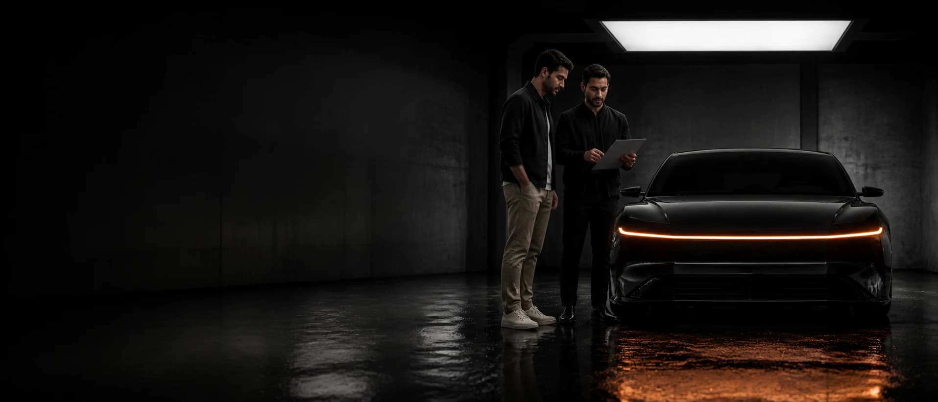 An owner reviewing a vehicle handover document at a Veltrix Experience Center delivery bay