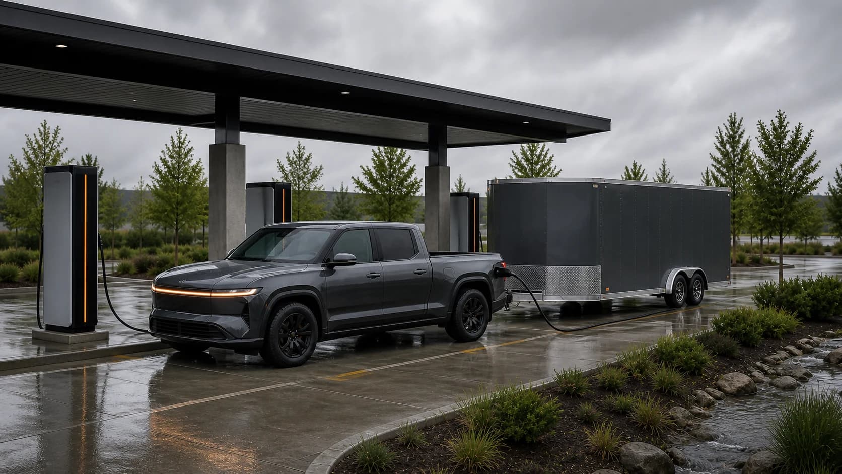 A Veltrix Ridge towing a twin-axle trailer through a pull-through charging bay
