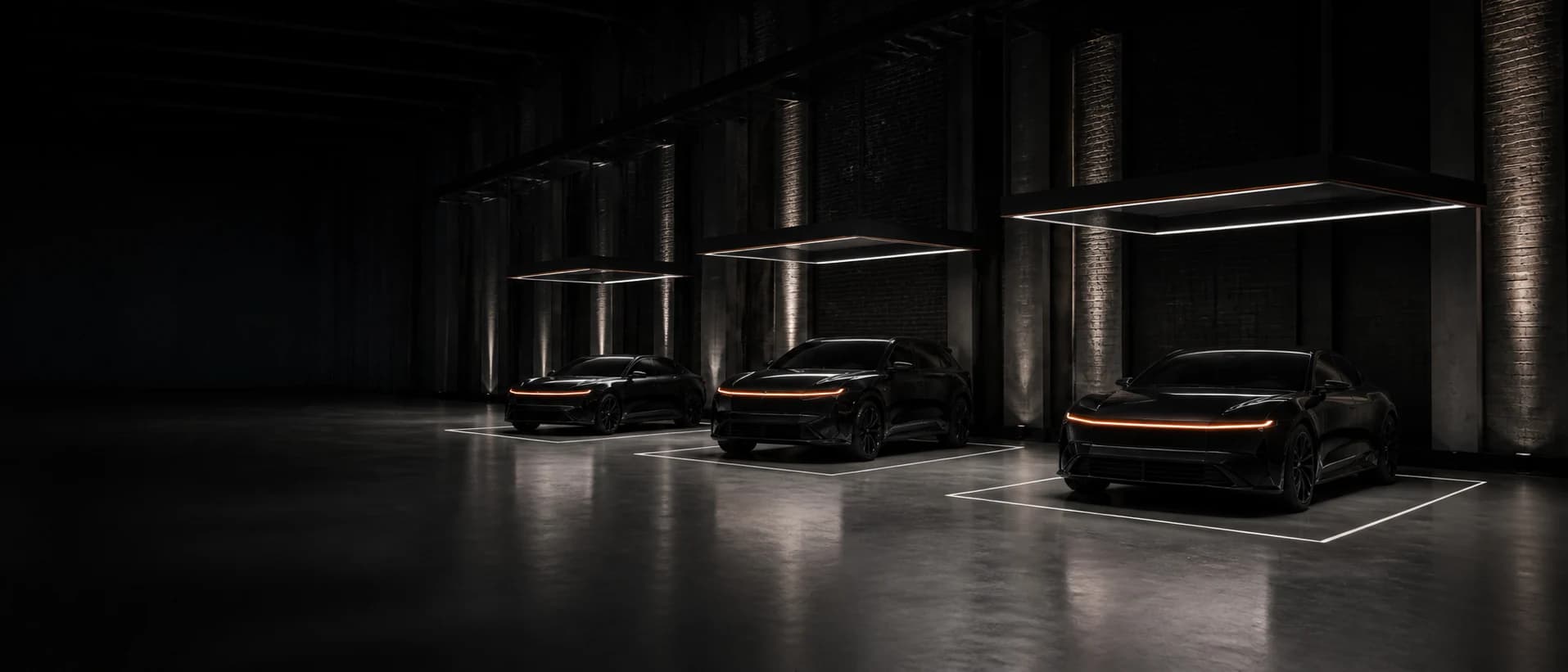 The delivery hall of the Detroit Veltrix Experience Center, with vehicles under handover lighting