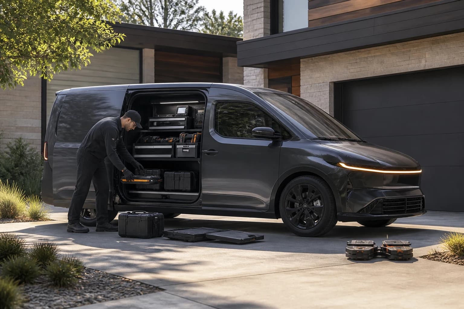 A Veltrix Mobile Bay van parked on a residential driveway with its side door open