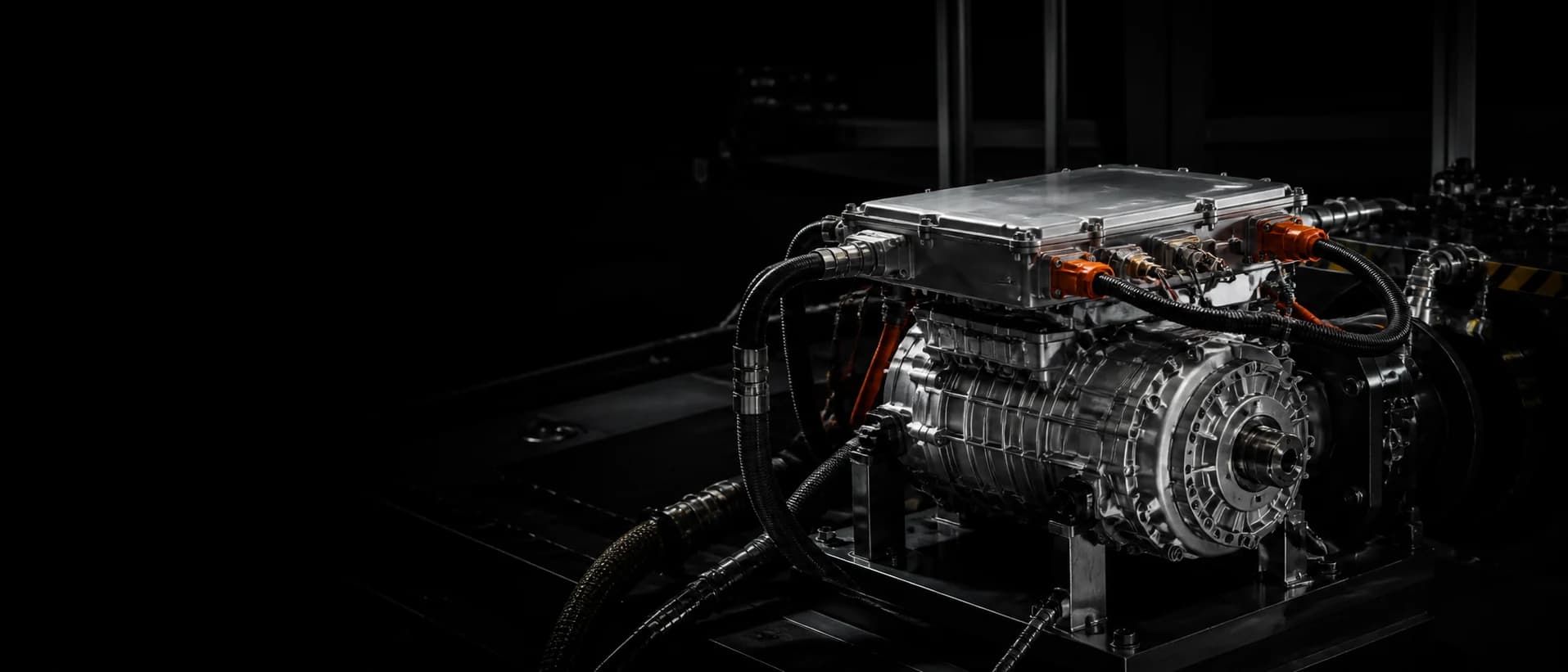 A VLX-800 drive unit and inverter assembly on a test bench under hard directional light