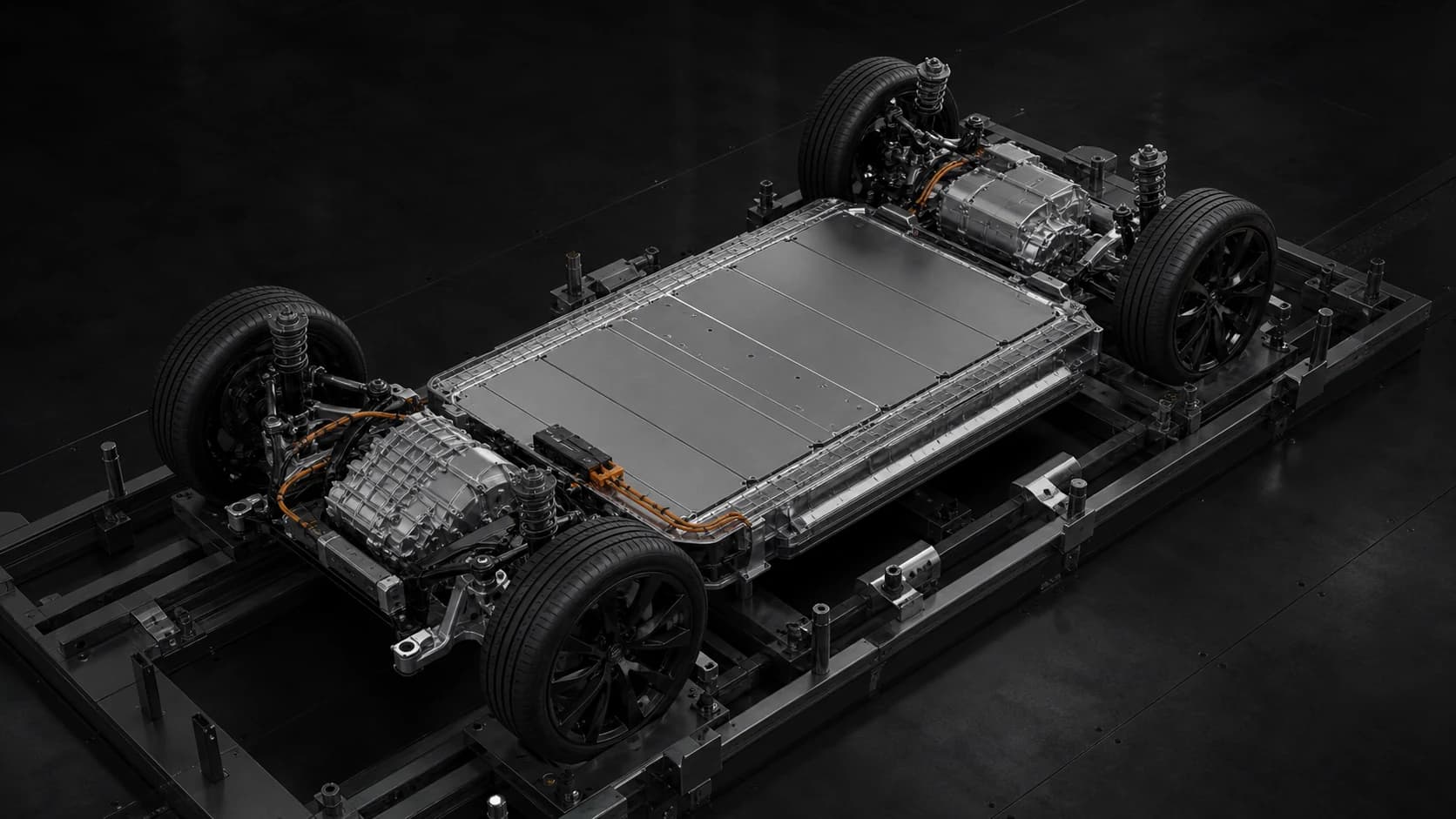Cutaway view of the VLX-800 skateboard platform showing the structural battery pack between the axles