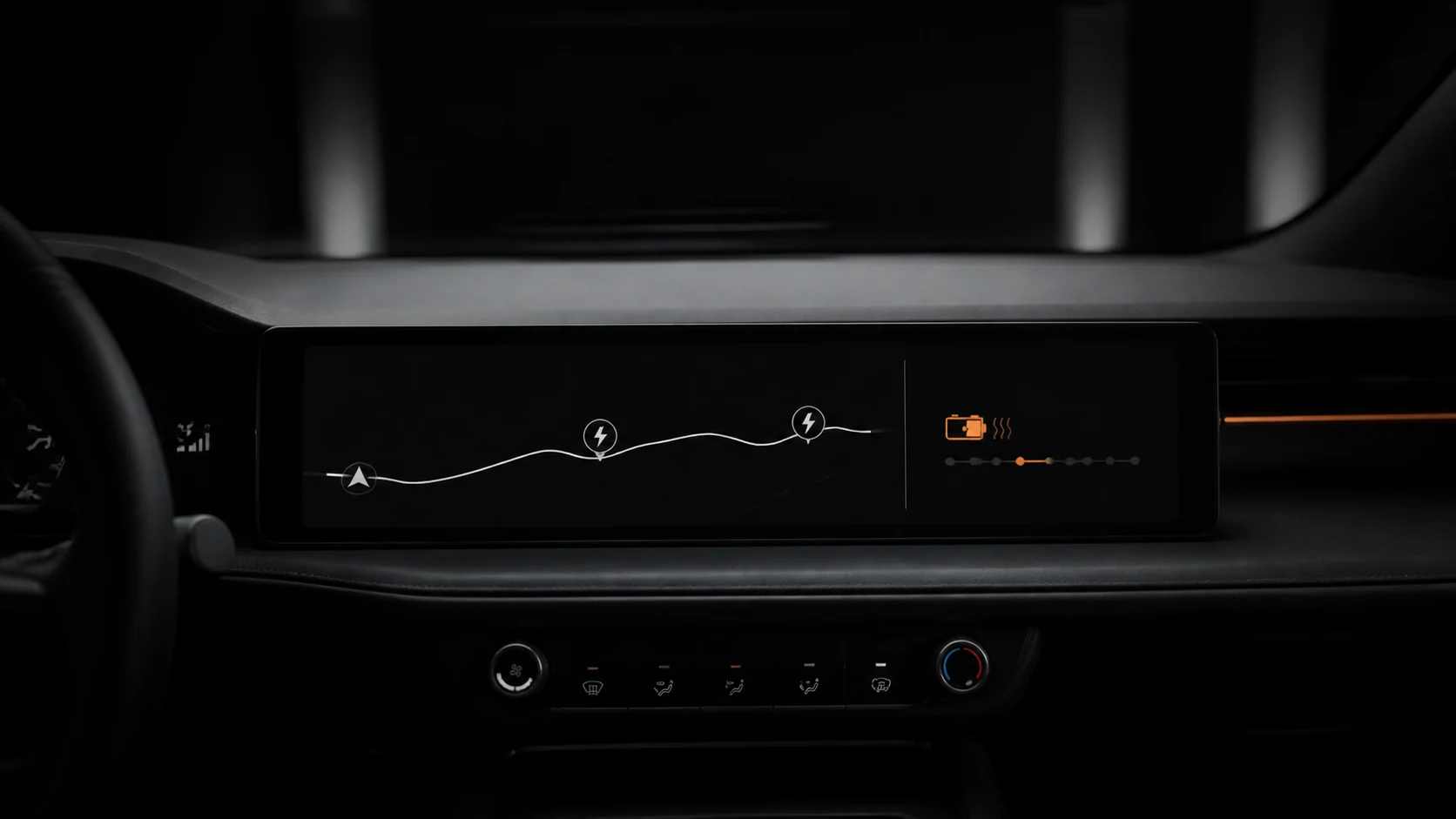 The Halo display showing a planned route with charging stops and battery preconditioning status