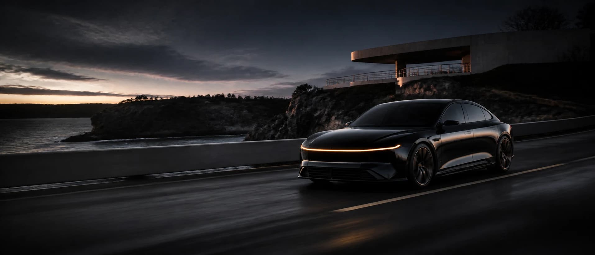 The Veltrix Arcen sedan on a coastal road at dusk, low sunlight raking across its shoulder line