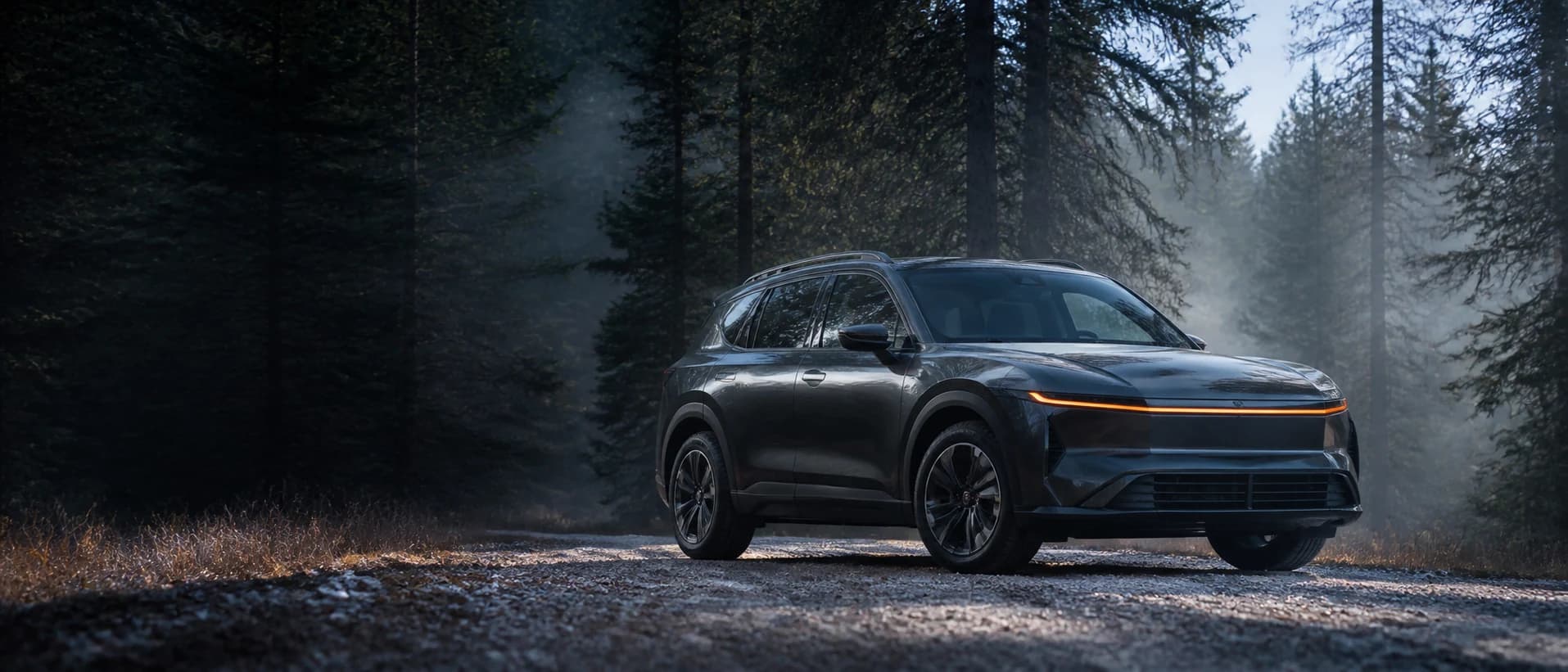 The Veltrix Korrin compact SUV parked on a gravel forest track in flat morning light