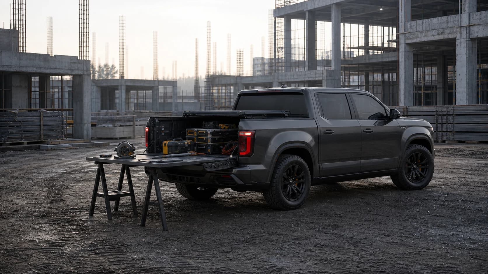 The Veltrix Ridge with its tailgate lowered to form a work surface