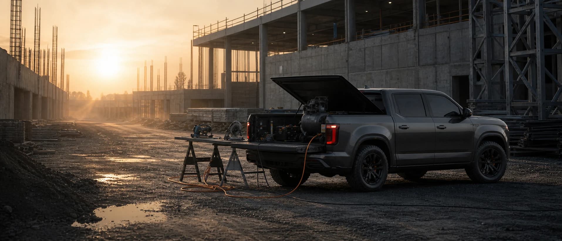 The Veltrix Ridge electric pickup on a construction site at first light, its bed outlets in use