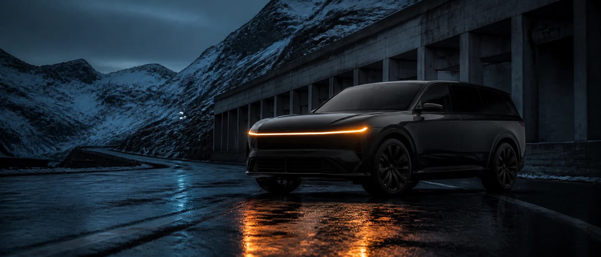 The Veltrix Vantor seven-seat SUV on a mountain highway with its air suspension at touring height